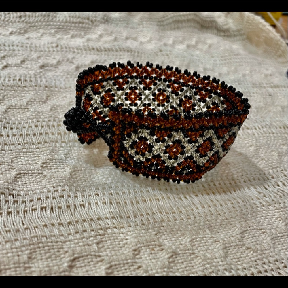 Vintage Huichol Seed Bead Bracelet Bronze, Silver & Black Diamond Design …